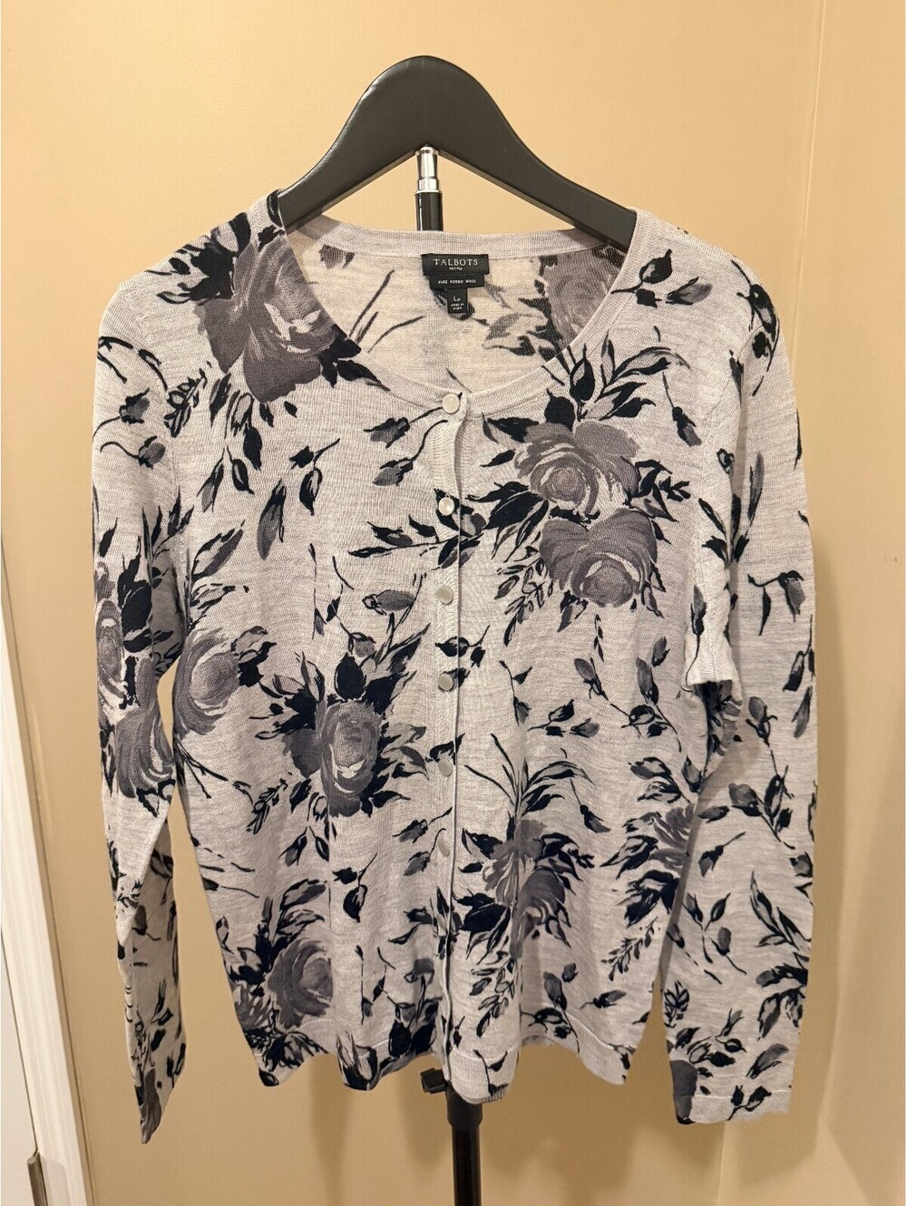 Talbots Petites Merino Wool Floral Cardigan Gray Black Button Front LP